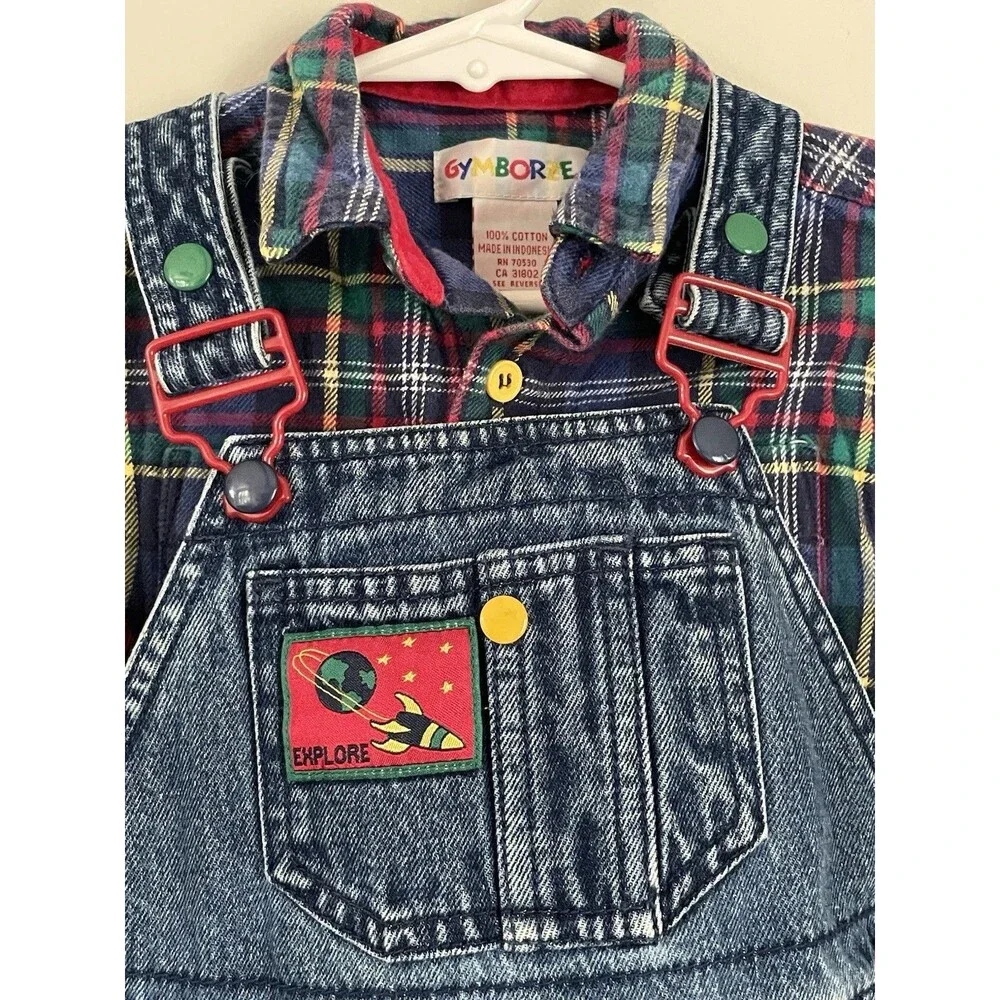 Vtg 90’s Gymboree Rainbow Tag Explore Space Overalls and Plaid Shirt Set 12-18 M